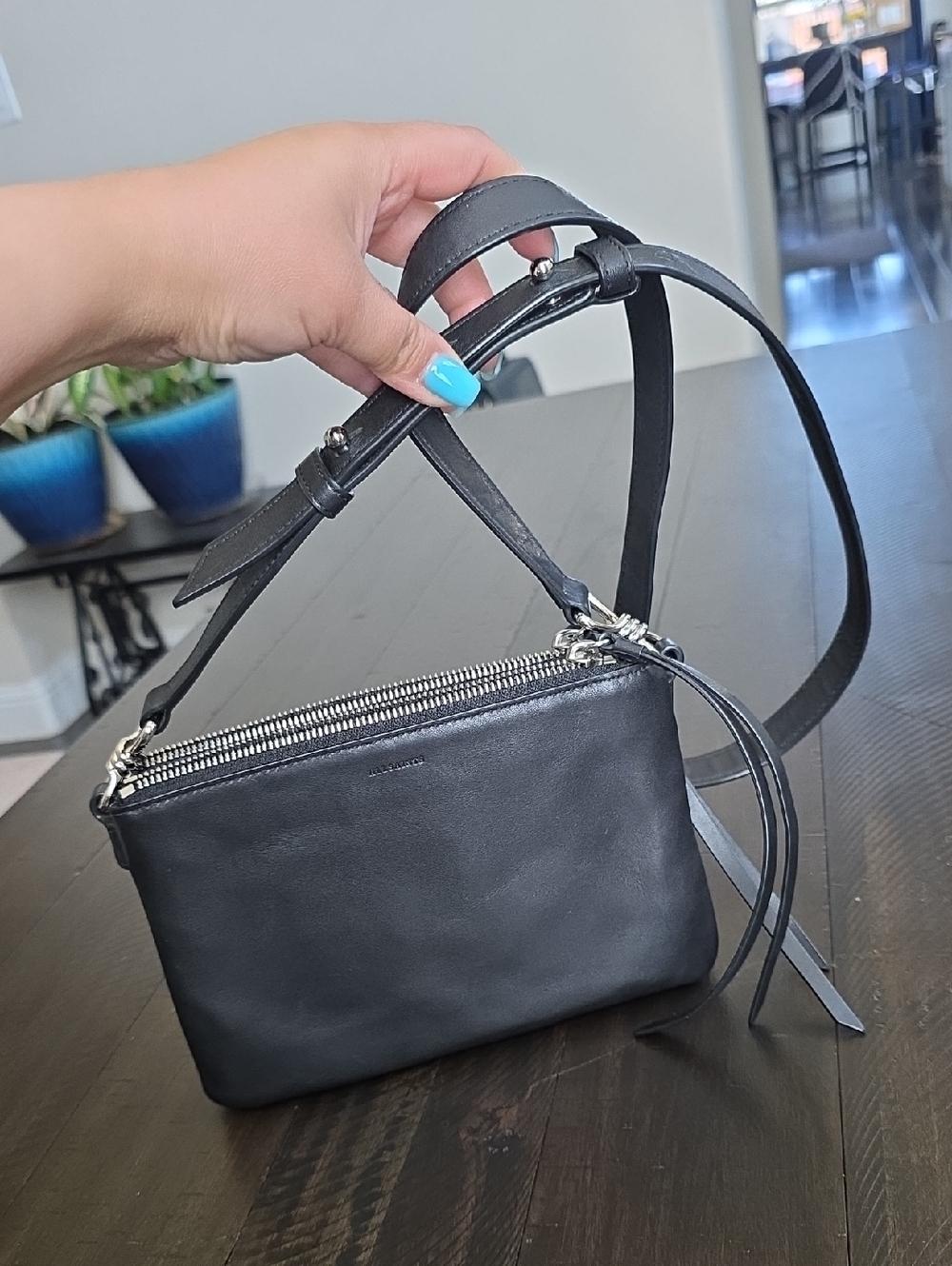 NEW ALLSAINTS Captain Leather Zip Black Crossbody Bag Silver Hardware MSRP $220